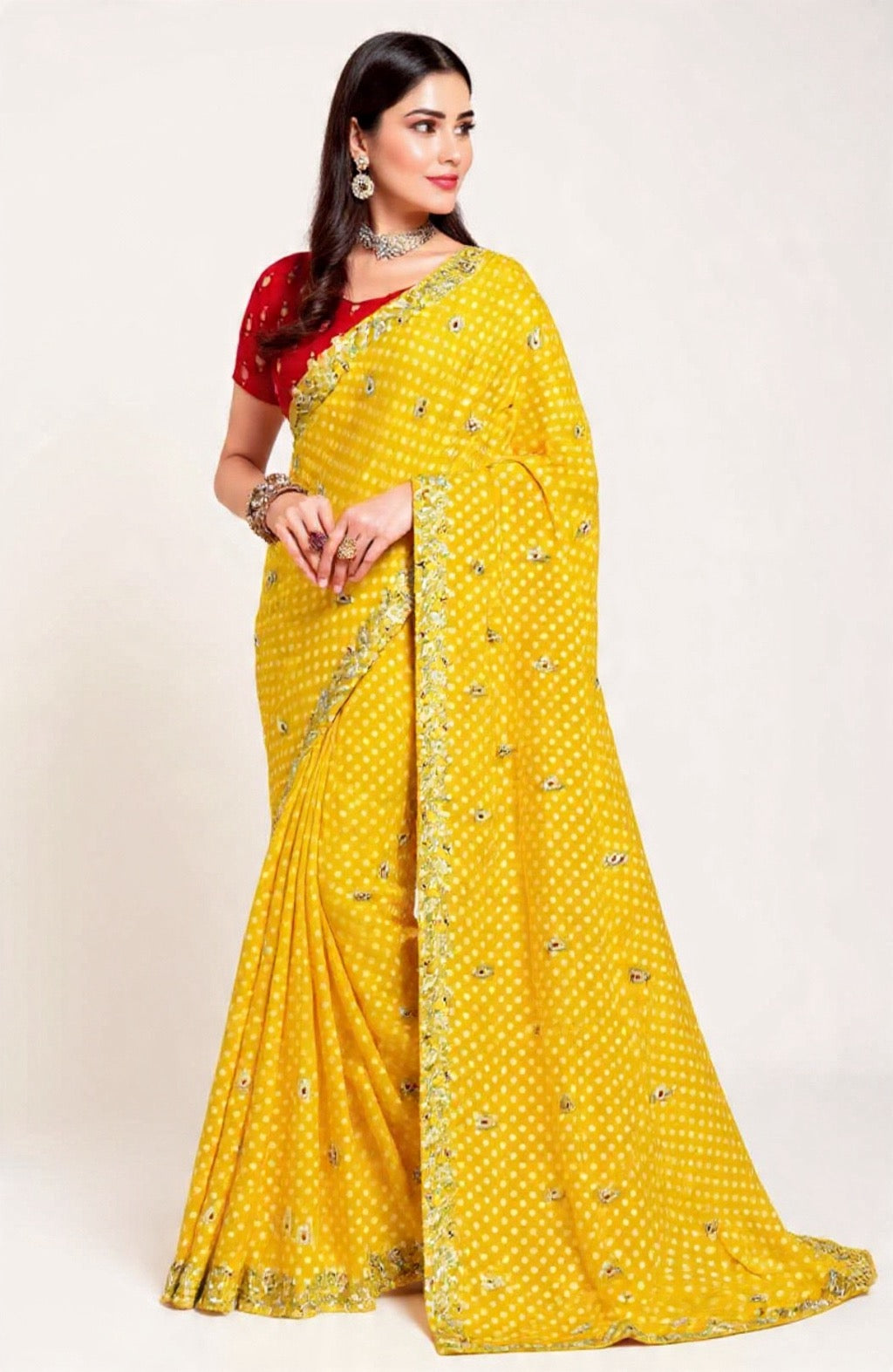 Yellow Saree with Red Blouse Embroidery Work - Pooja Textile