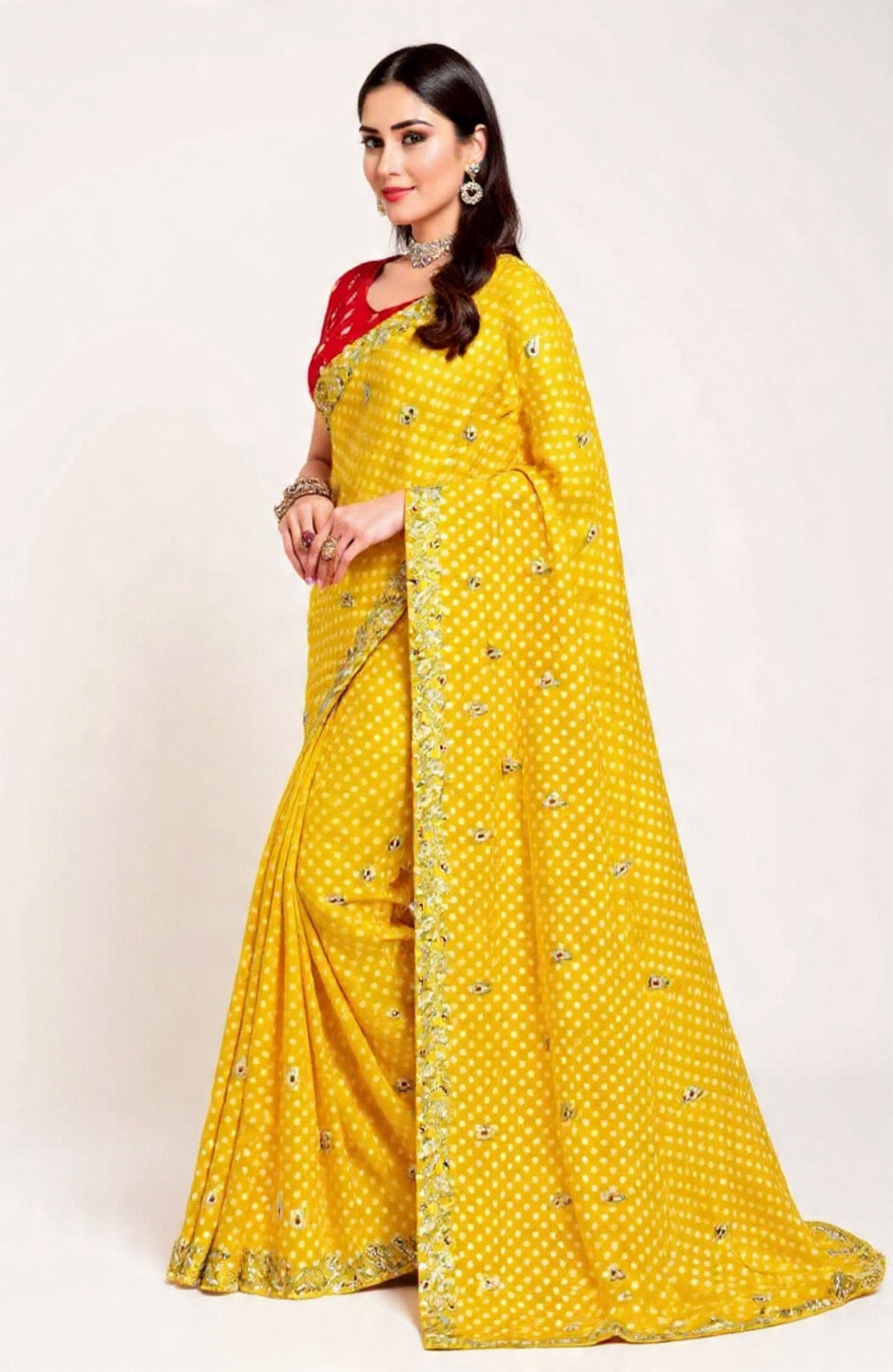Yellow Saree with Red Blouse Embroidery Work - Pooja Textile