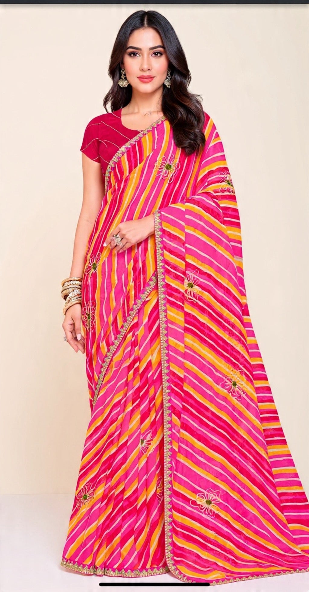 Pink and Yellow Pattern Embroidery Work Saree - Pooja Textile