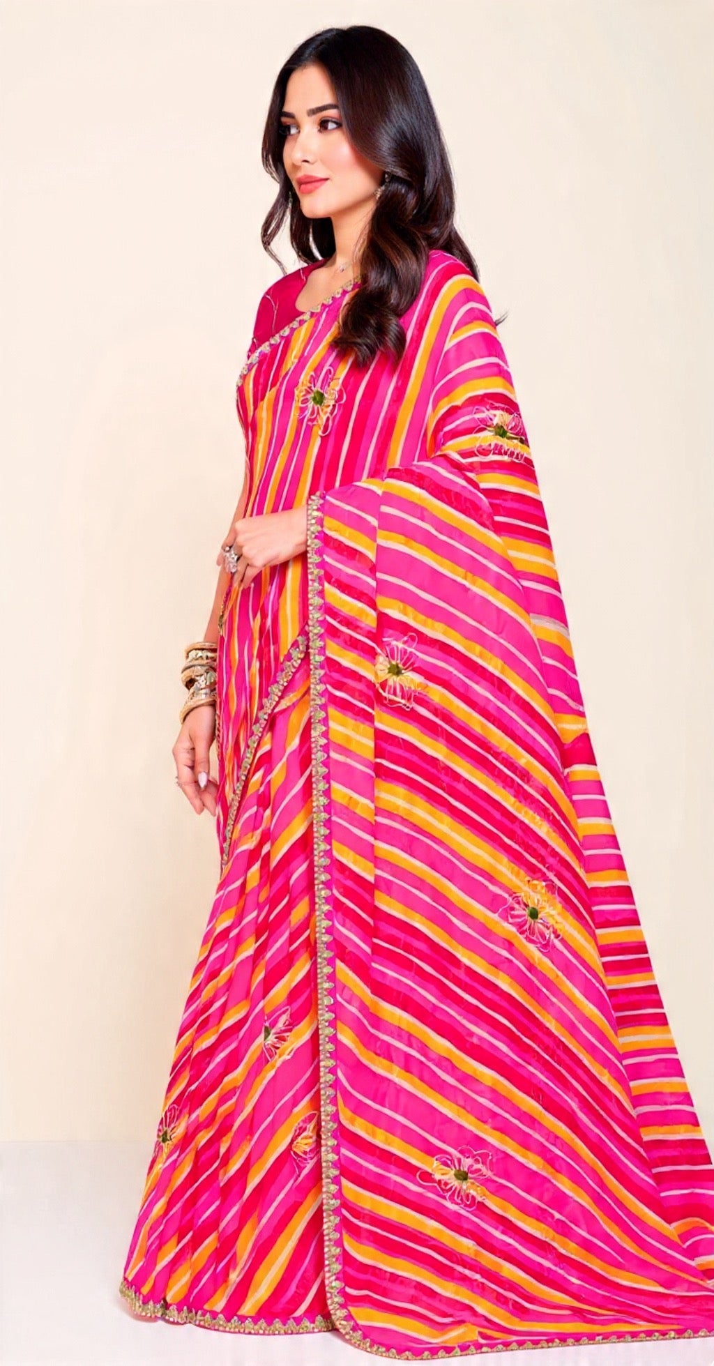 Pink and Yellow Pattern Embroidery Work Saree - Pooja Textile