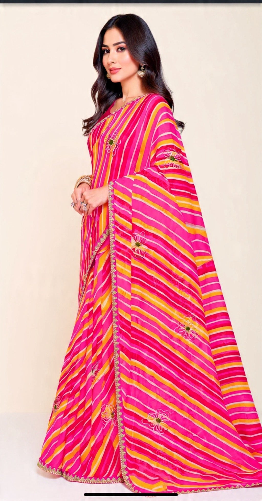 Pink and Yellow Pattern Embroidery Work Saree - Pooja Textile