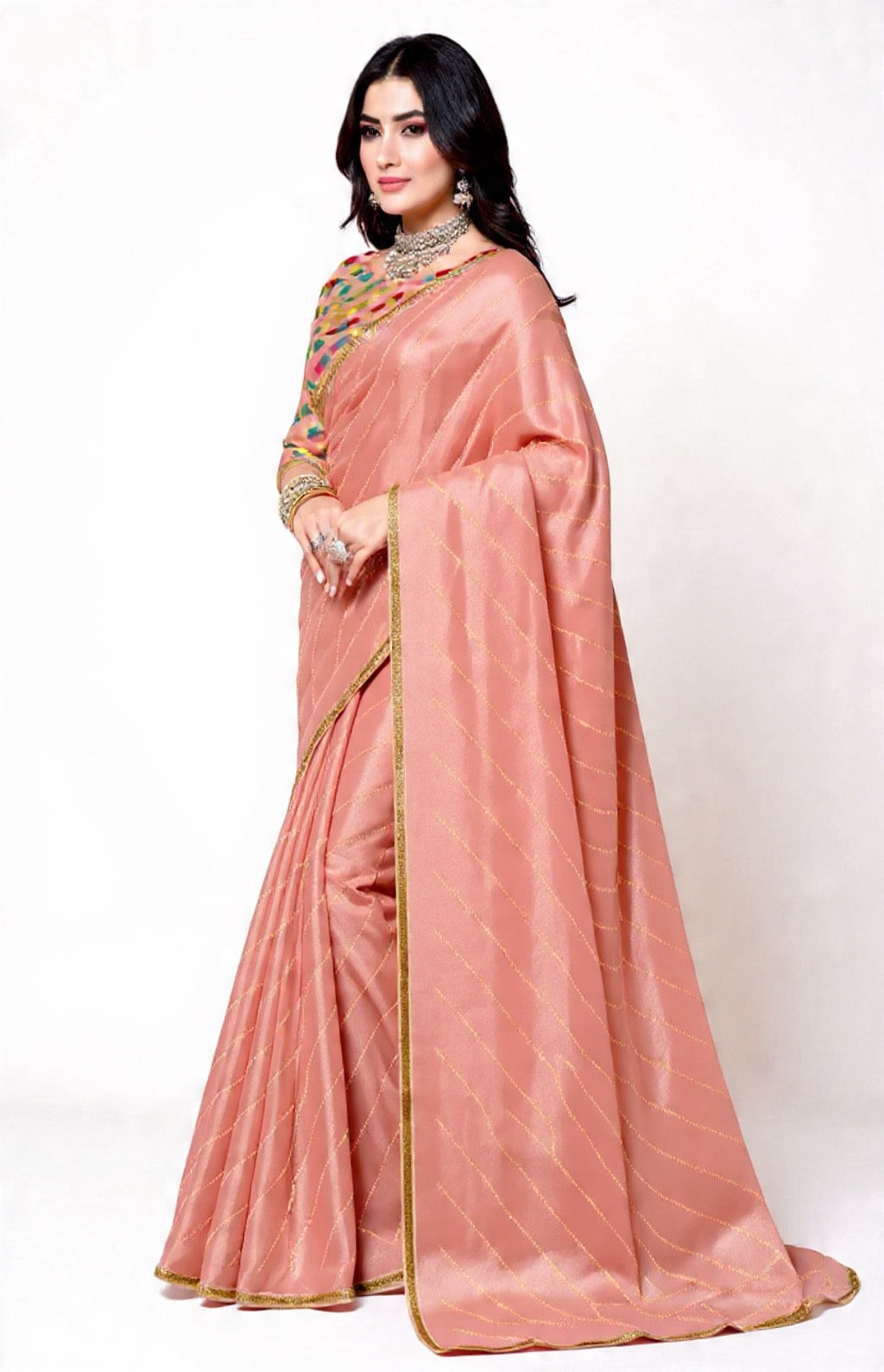 Peach Saree with Embroidery Work - Pooja Textile