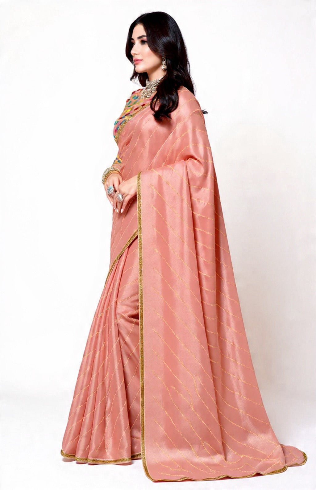 Peach Saree with Embroidery Work - Pooja Textile