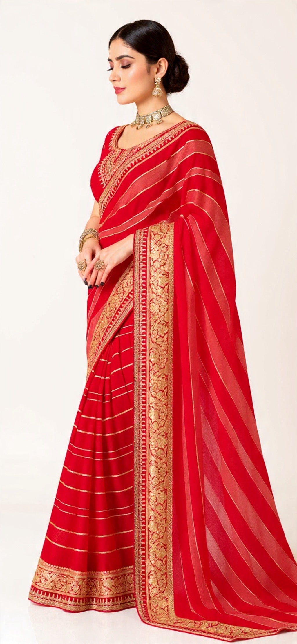 Red Saree with Gold Border Weaving Work - Pooja Textile