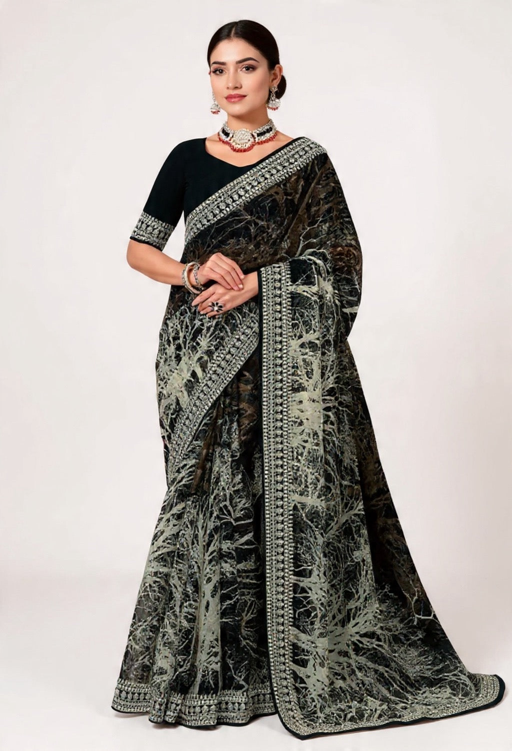 Black and White Embroidery Work Saree - Pooja Textile