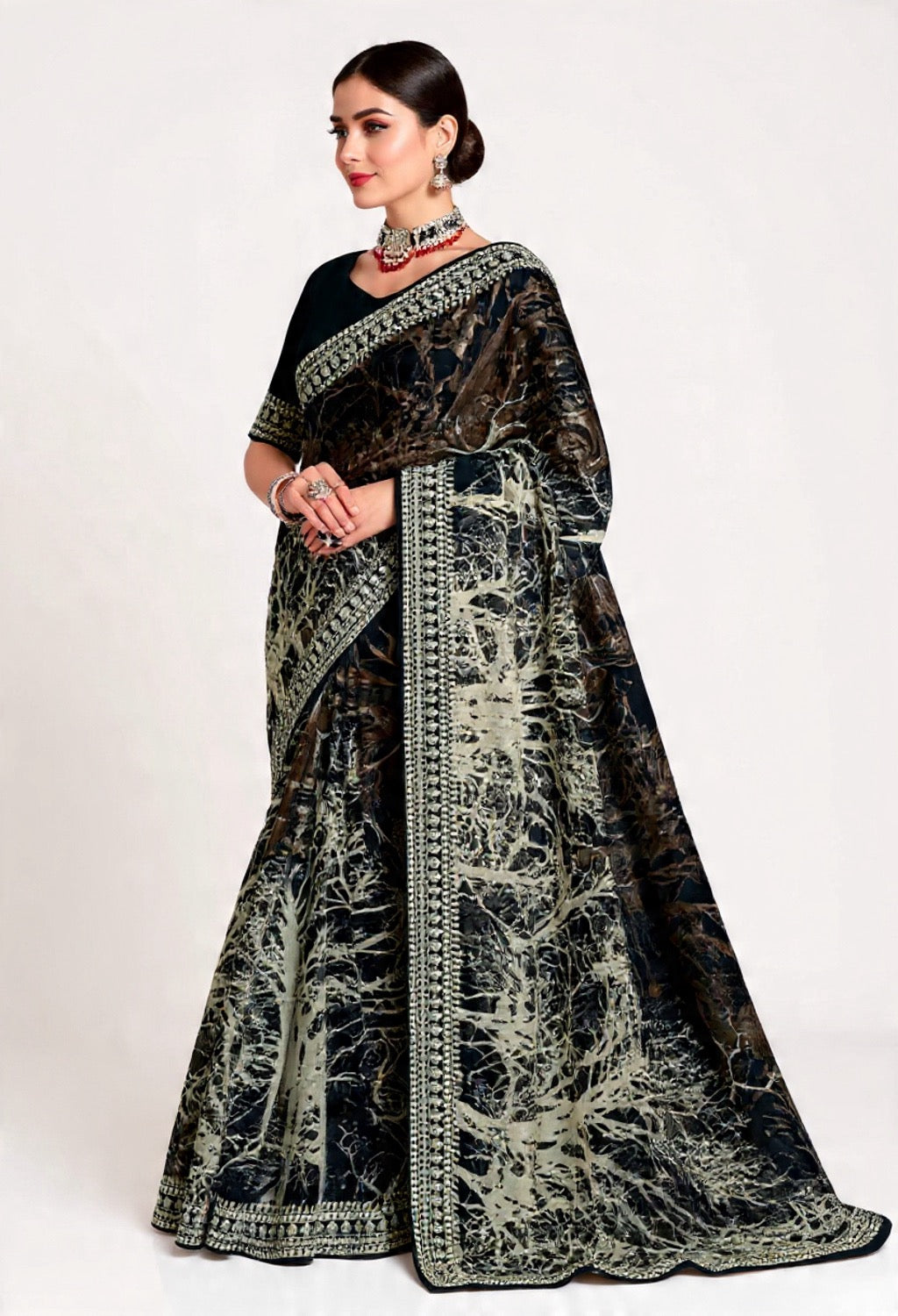 Black and White Embroidery Work Saree - Pooja Textile