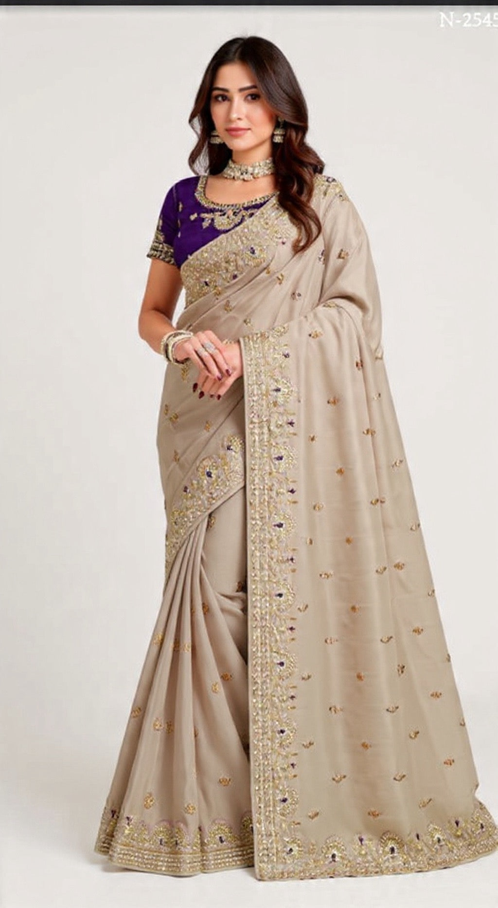 Gray Saree with Gold Embroidery and Purple Blouse - Pooja Textile