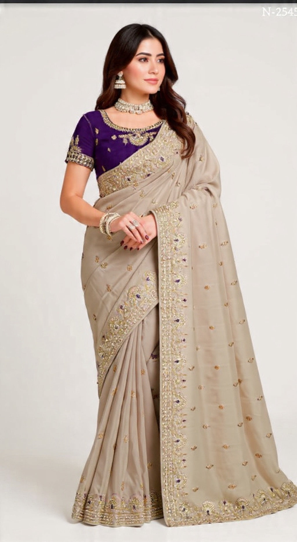 Gray Saree with Gold Embroidery and Purple Blouse - Pooja Textile