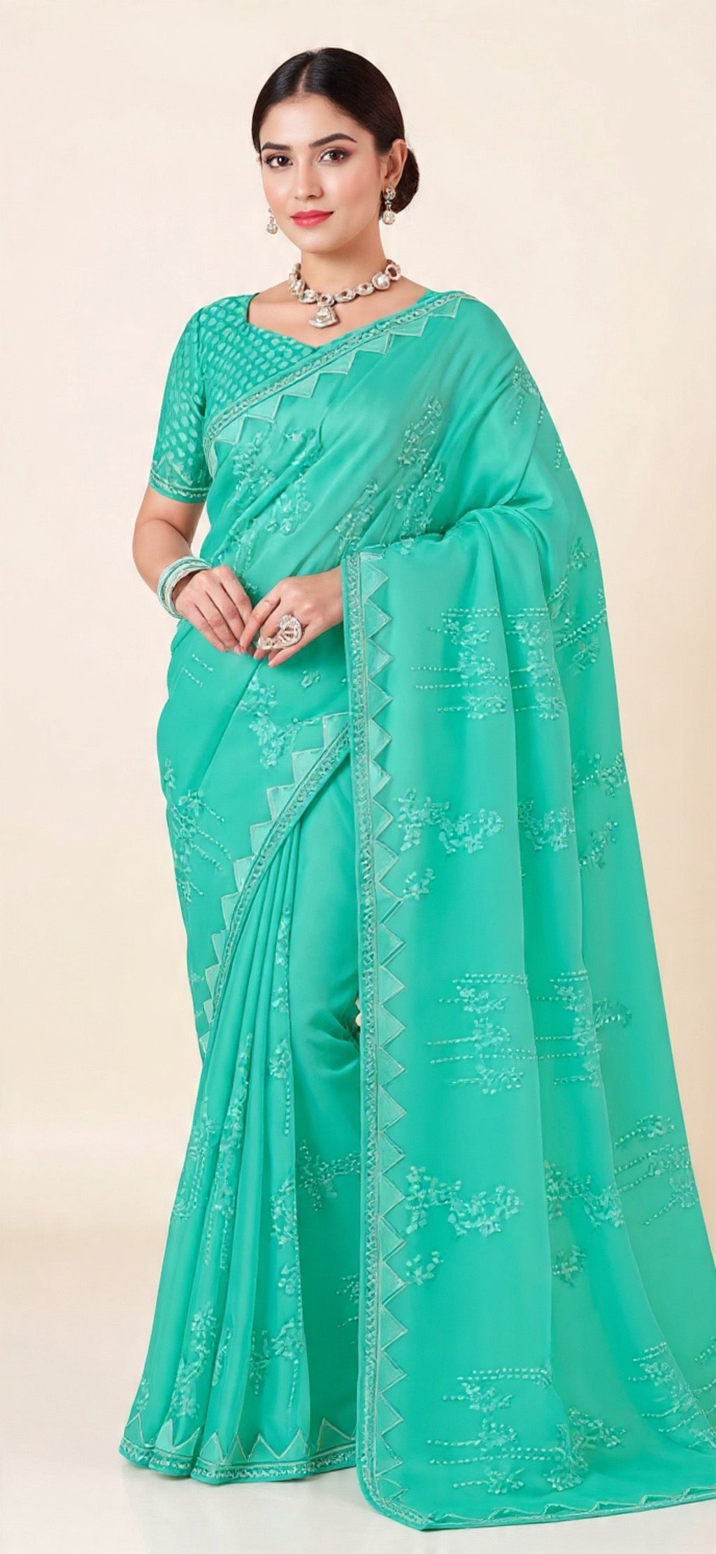 Green Saree with White Border and Embroidery Work - Pooja Textile