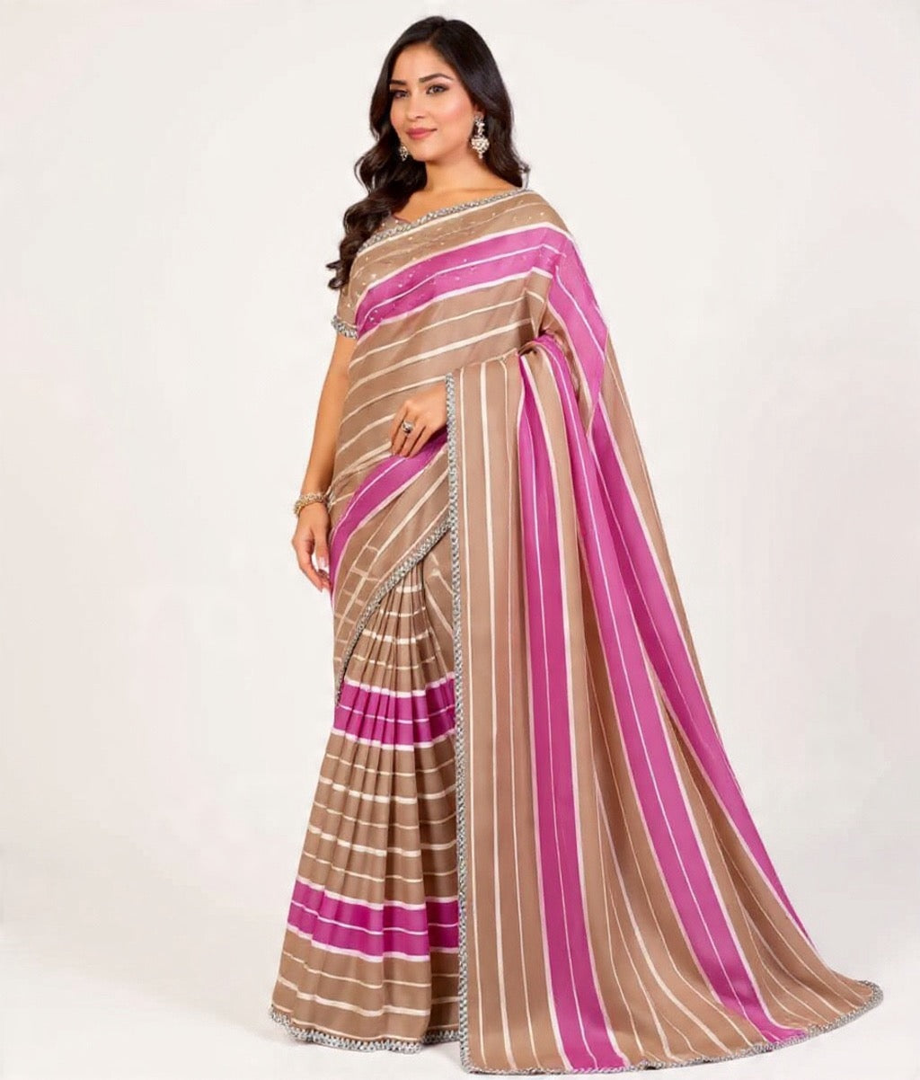 Pink and Beige Striped Mix Fabric Saree - Pooja Textile