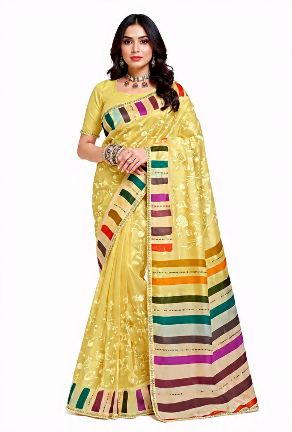 Yellow Saree with Colorful Stripes Embroidery Work Mix Fabric - Pooja Textile