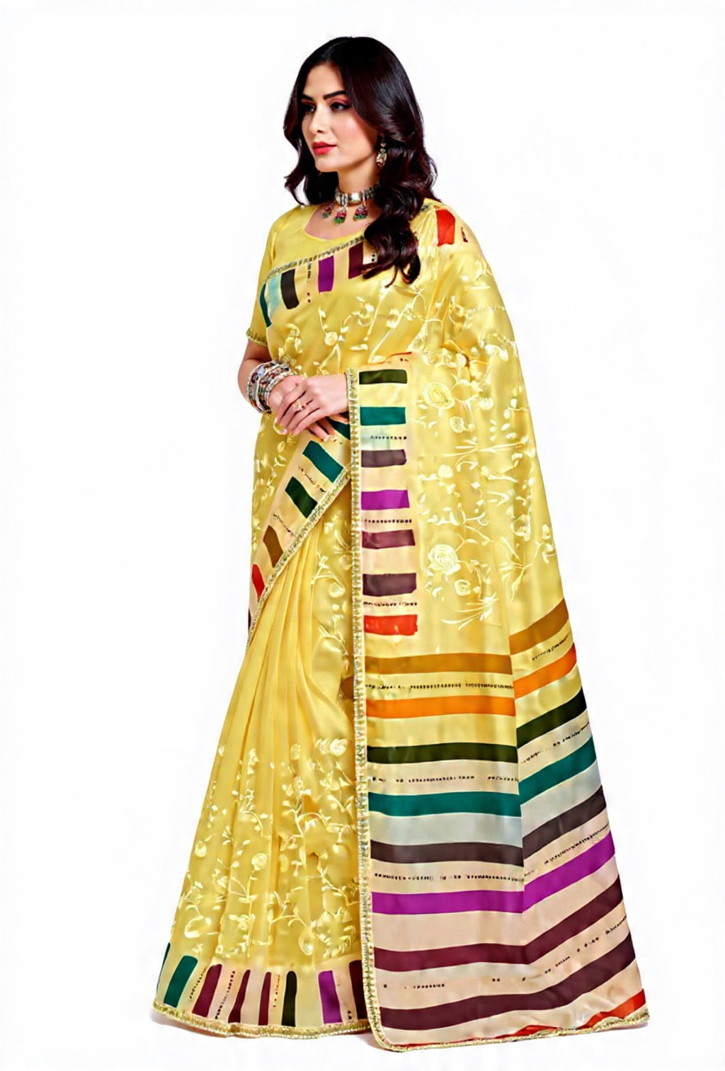 Yellow Saree with Colorful Stripes Embroidery Work Mix Fabric - Pooja Textile