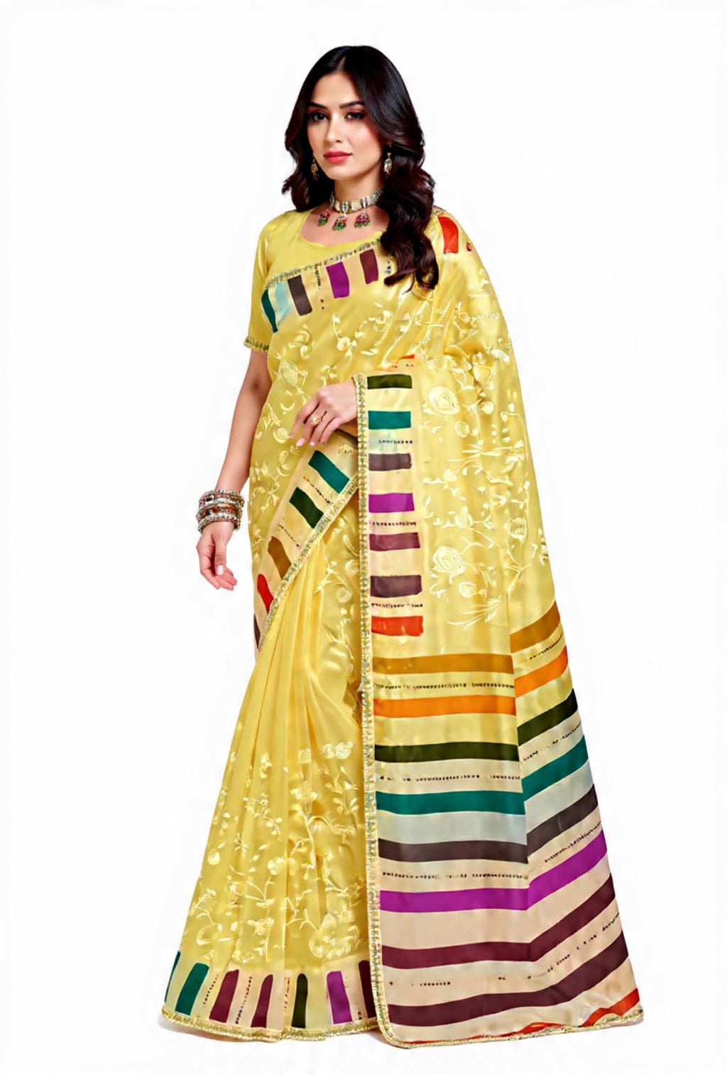 Yellow Saree with Colorful Stripes Embroidery Work Mix Fabric - Pooja Textile