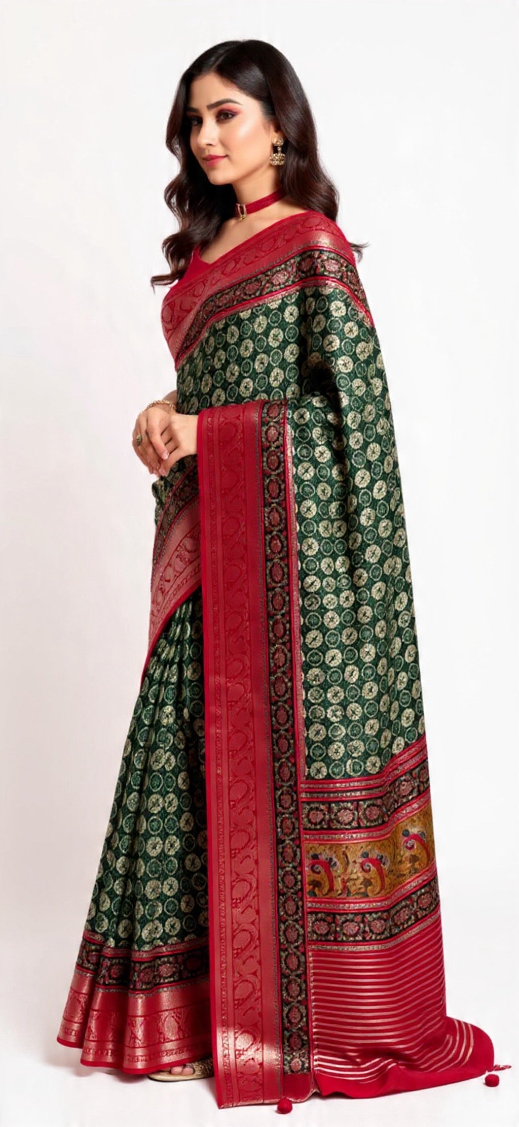 Green and Red Saree - Dola Silk with Weaving Work | Pooja Textile
