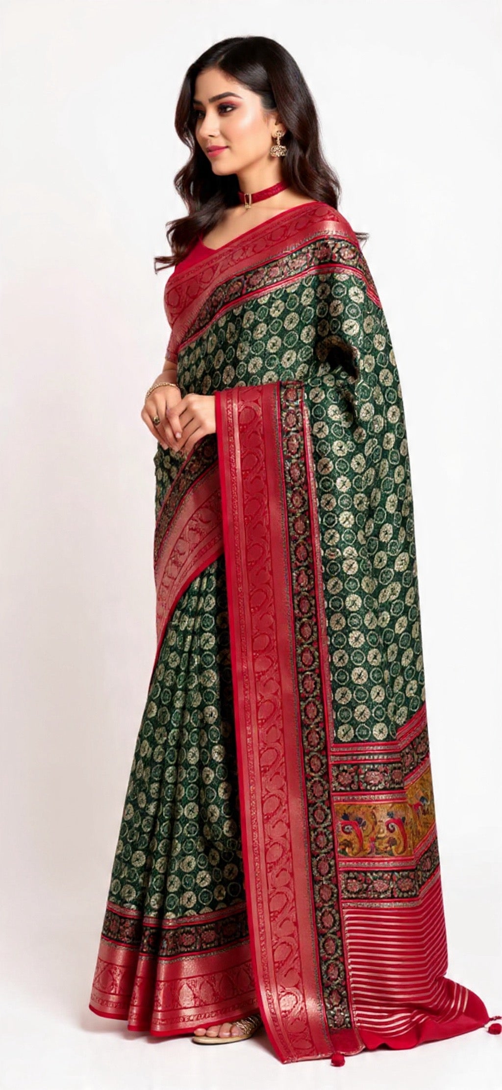 Green and Red Saree - Dola Silk with Weaving Work | Pooja Textile