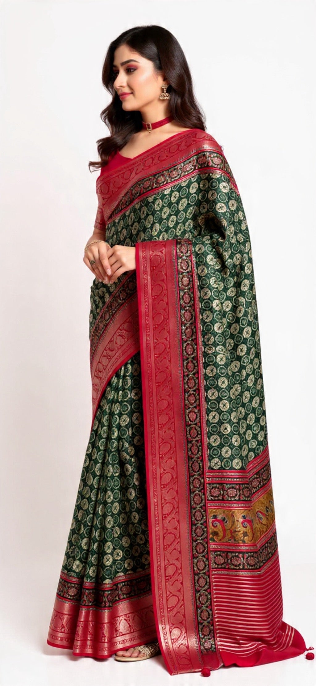 Green and Red Saree - Dola Silk with Weaving Work | Pooja Textile