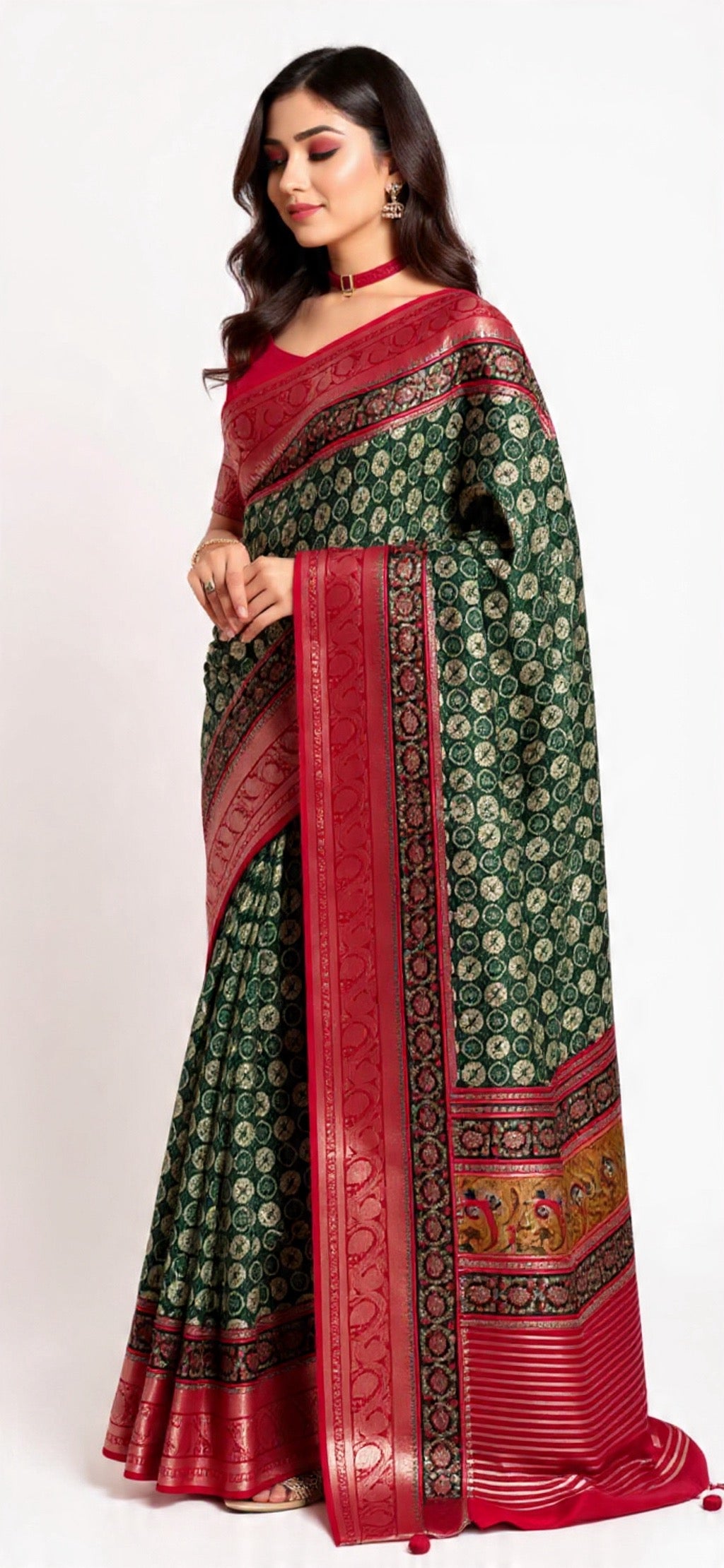 Green and Red Saree - Dola Silk with Weaving Work | Pooja Textile