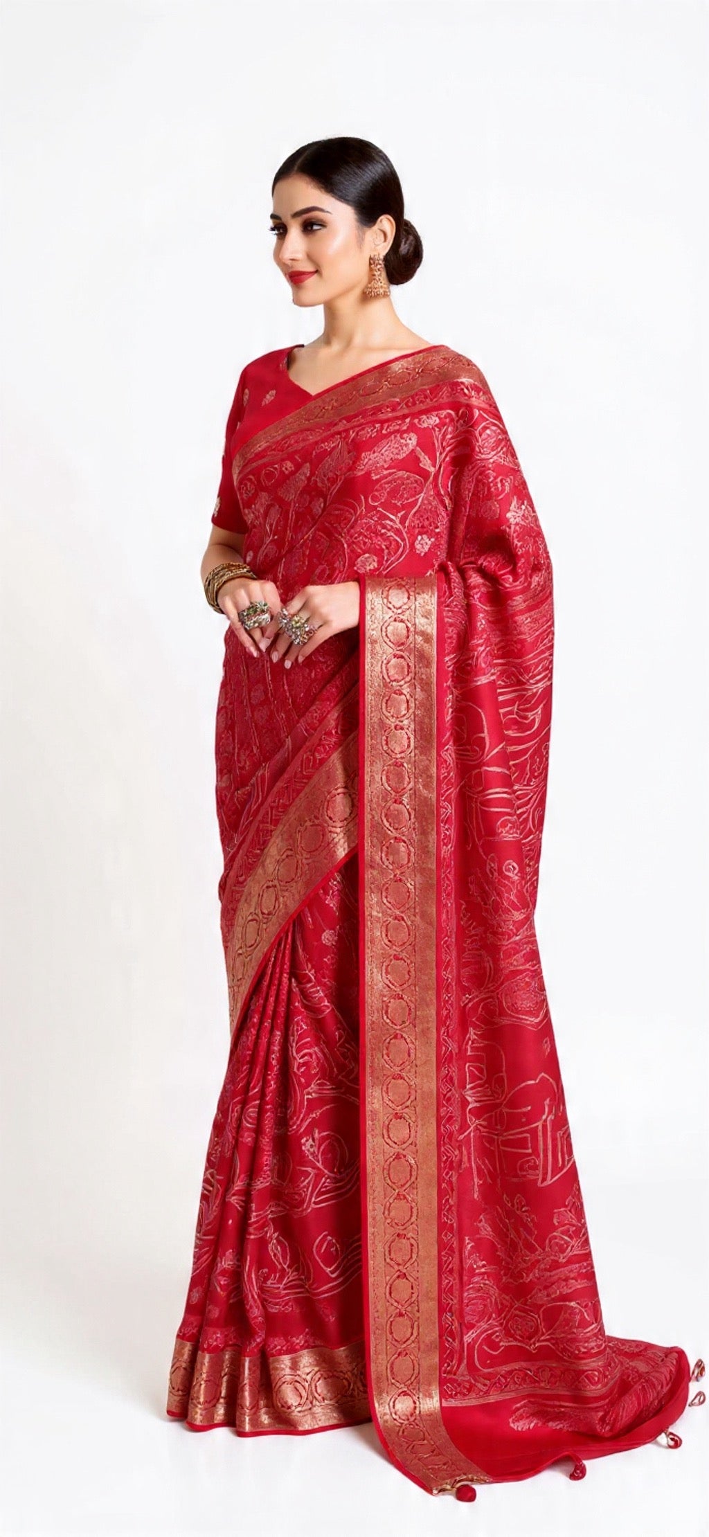 Red Saree with Gold Border - Russian Chit Pallu Weaving Work | Pooja Textile