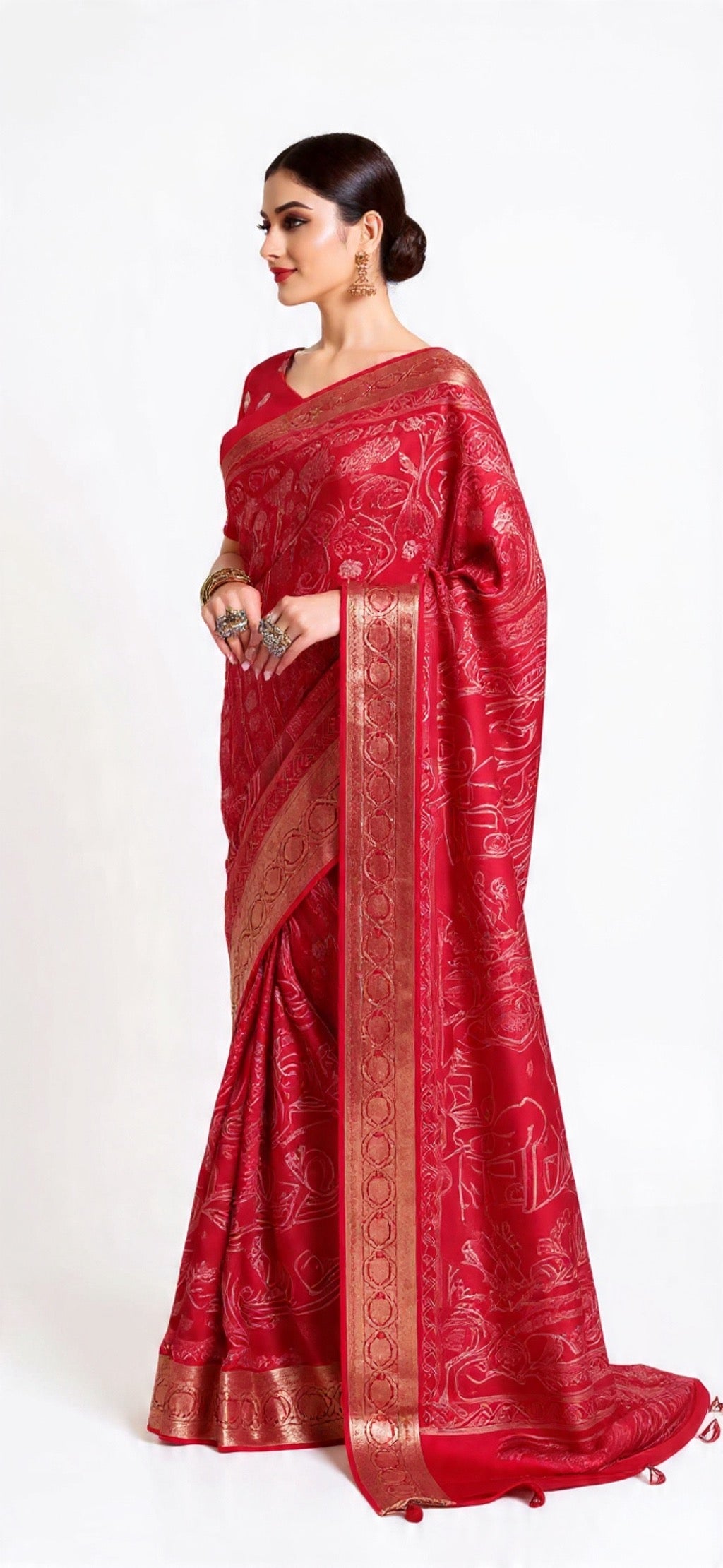 Red Saree with Gold Border - Russian Chit Pallu Weaving Work | Pooja Textile