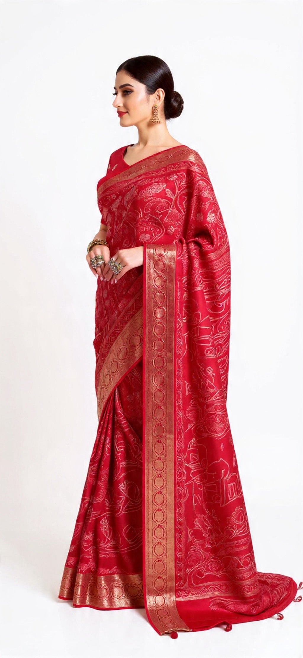 Red Saree with Gold Border - Russian Chit Pallu Weaving Work | Pooja Textile