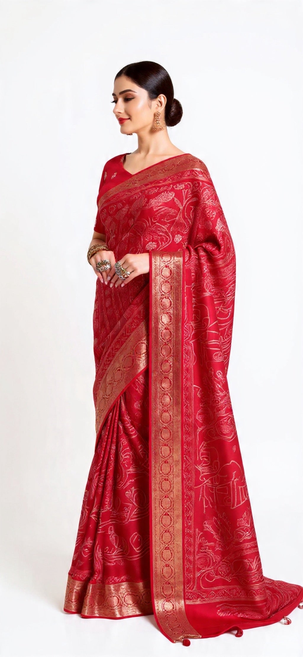 Red Saree with Gold Border - Russian Chit Pallu Weaving Work | Pooja Textile