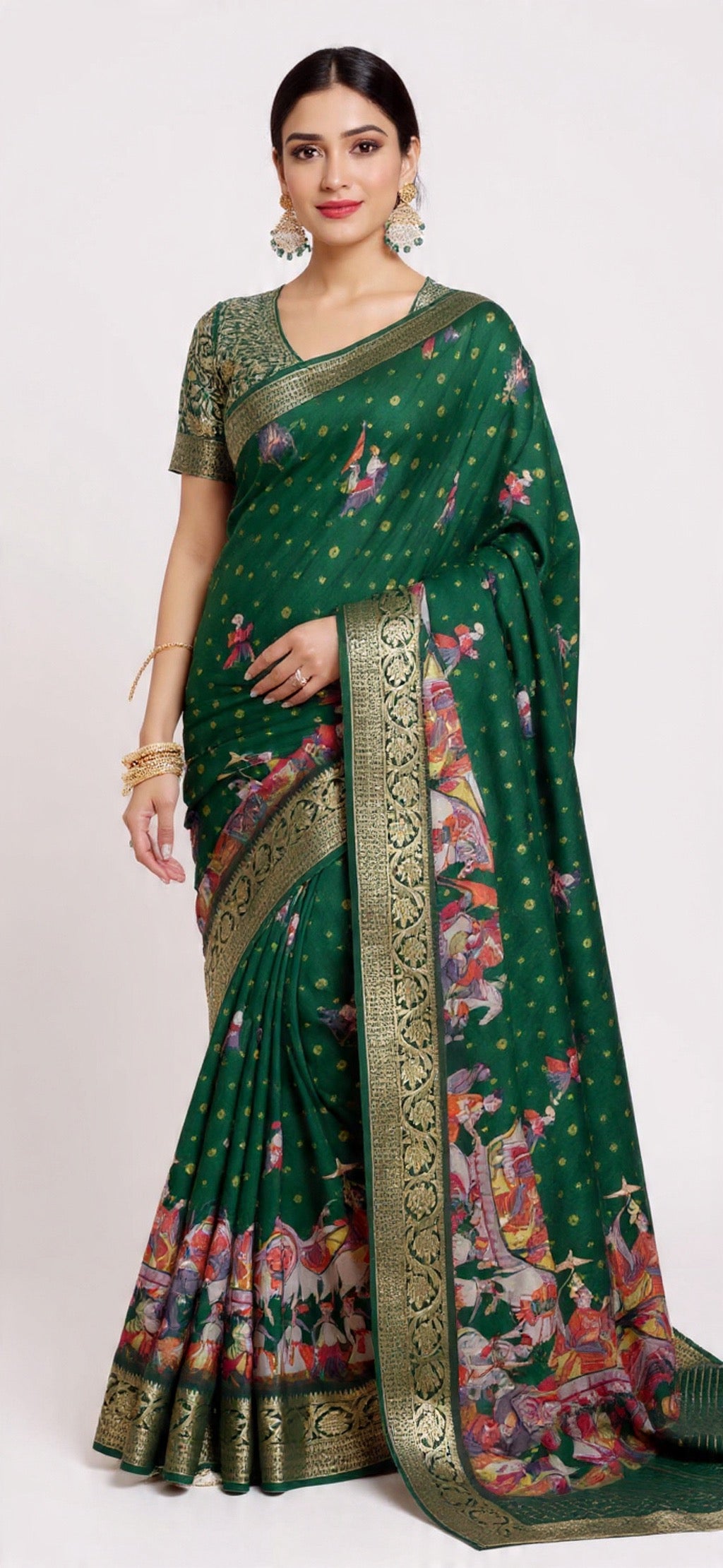 Green Saree with Intricate Patterns - Russian Chit Pallu Weaving Work | Pooja Textile