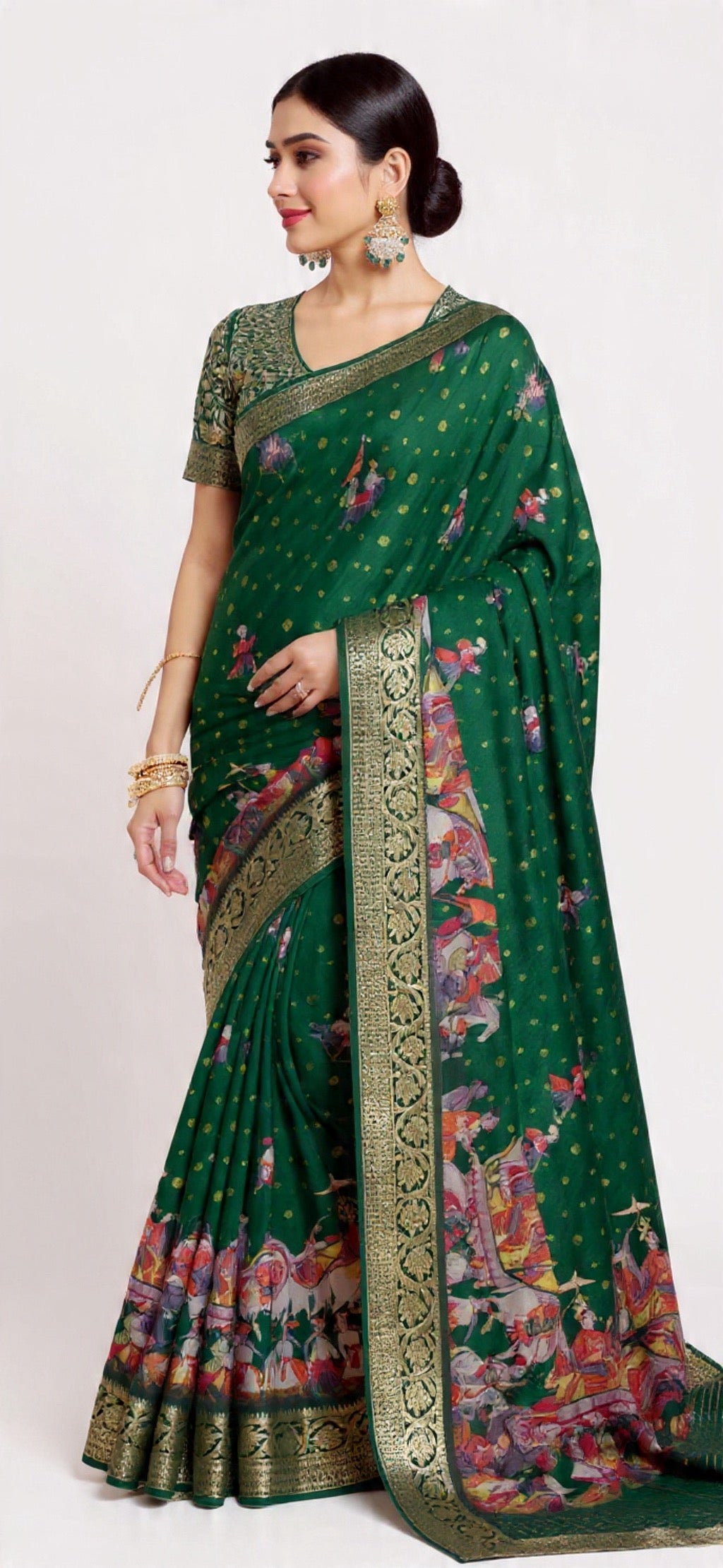 Green Saree with Intricate Patterns - Russian Chit Pallu Weaving Work | Pooja Textile