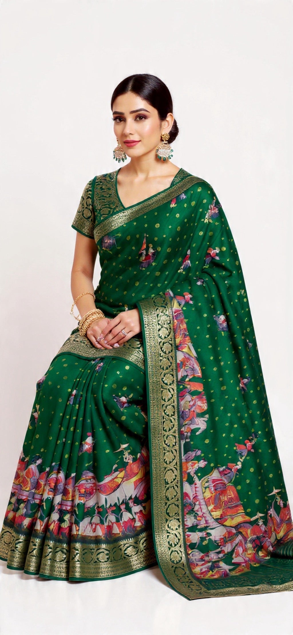 Green Saree with Intricate Patterns - Russian Chit Pallu Weaving Work | Pooja Textile