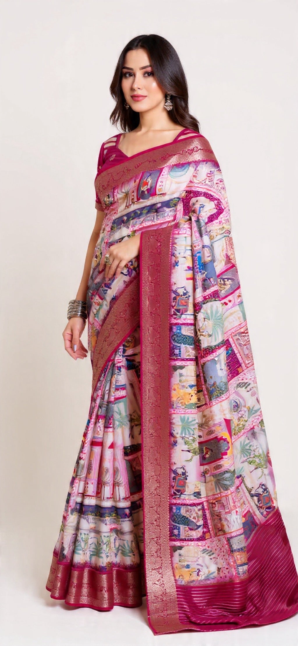 Colorful Russian Chit Pallu Saree with Foil Print Work - Pooja Textile