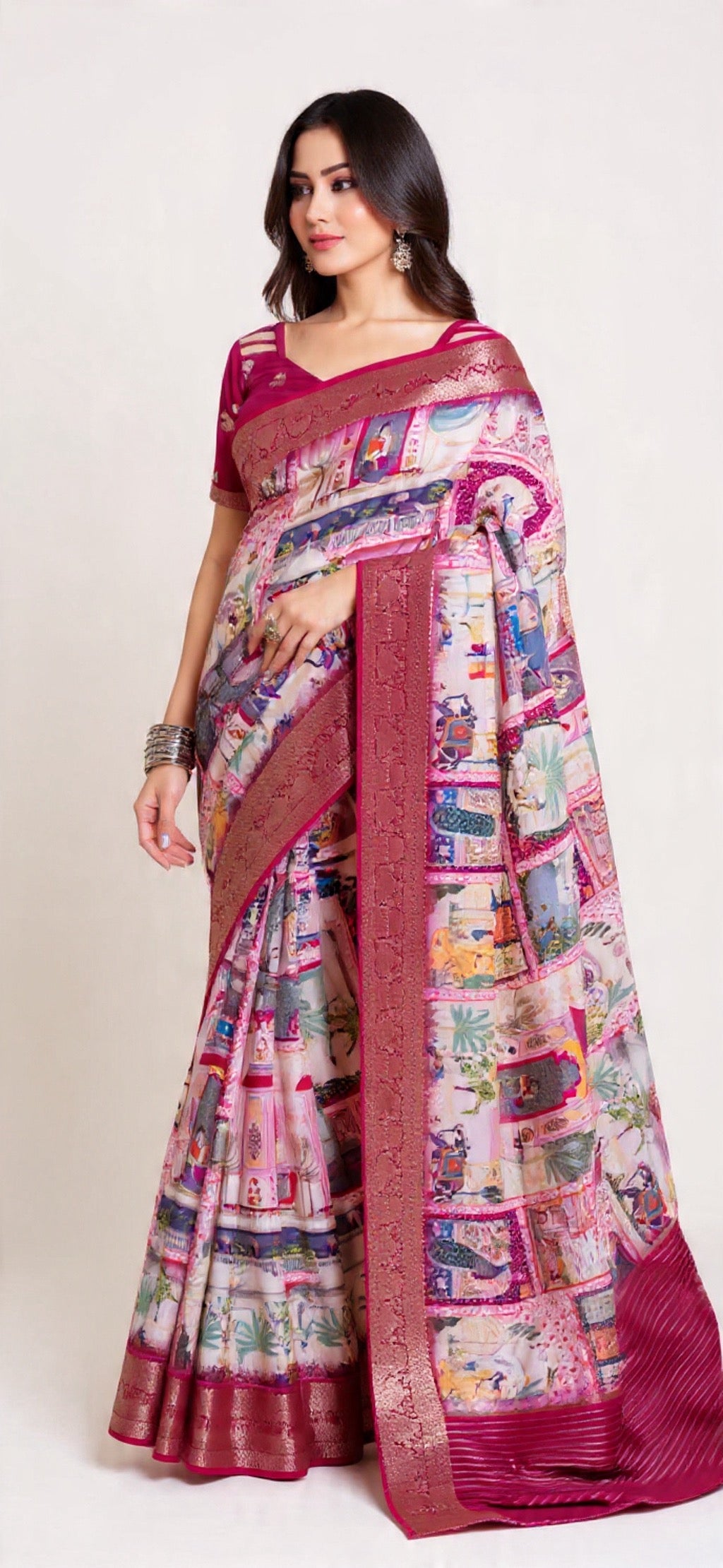 Colorful Russian Chit Pallu Saree with Foil Print Work - Pooja Textile
