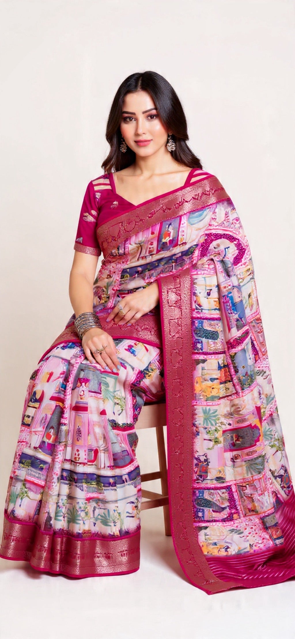 Colorful Russian Chit Pallu Saree with Foil Print Work - Pooja Textile