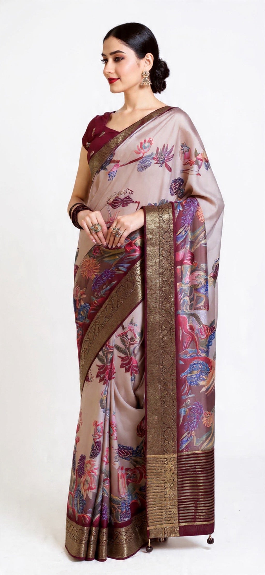 Floral Pattern Saree - Viscos Dola Fabric with Foil Print Work | Pooja Textile