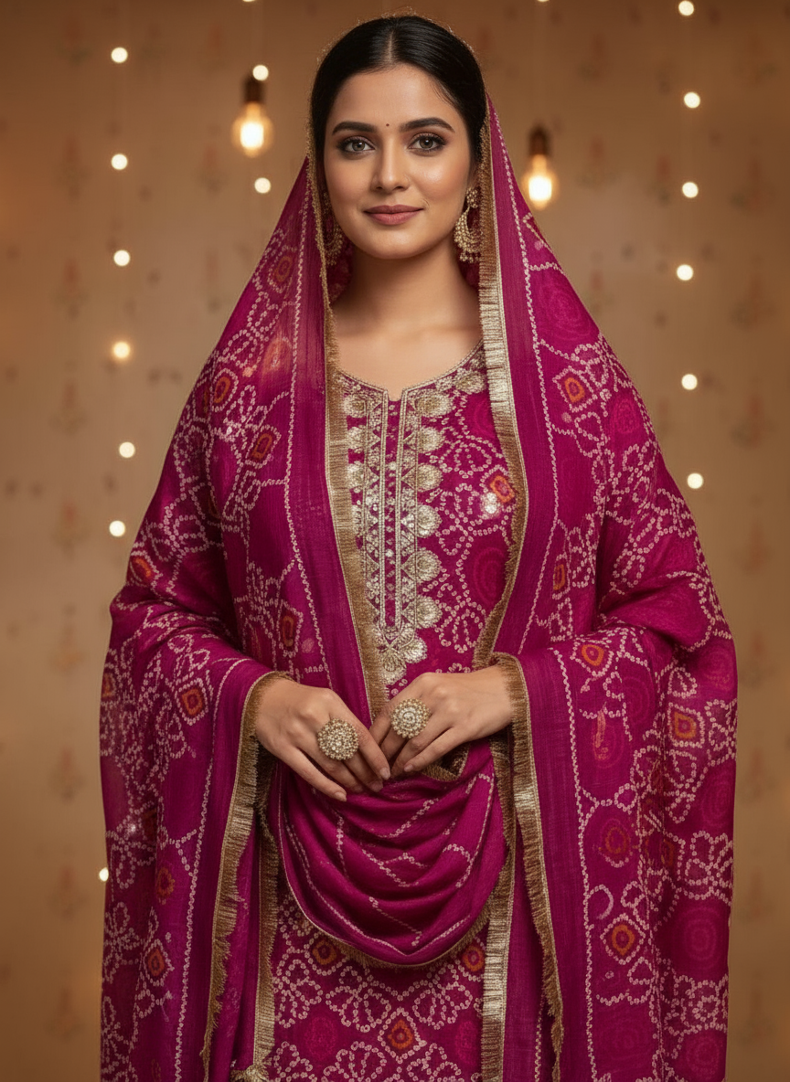 Magenta Bandhani suit set 3pcs