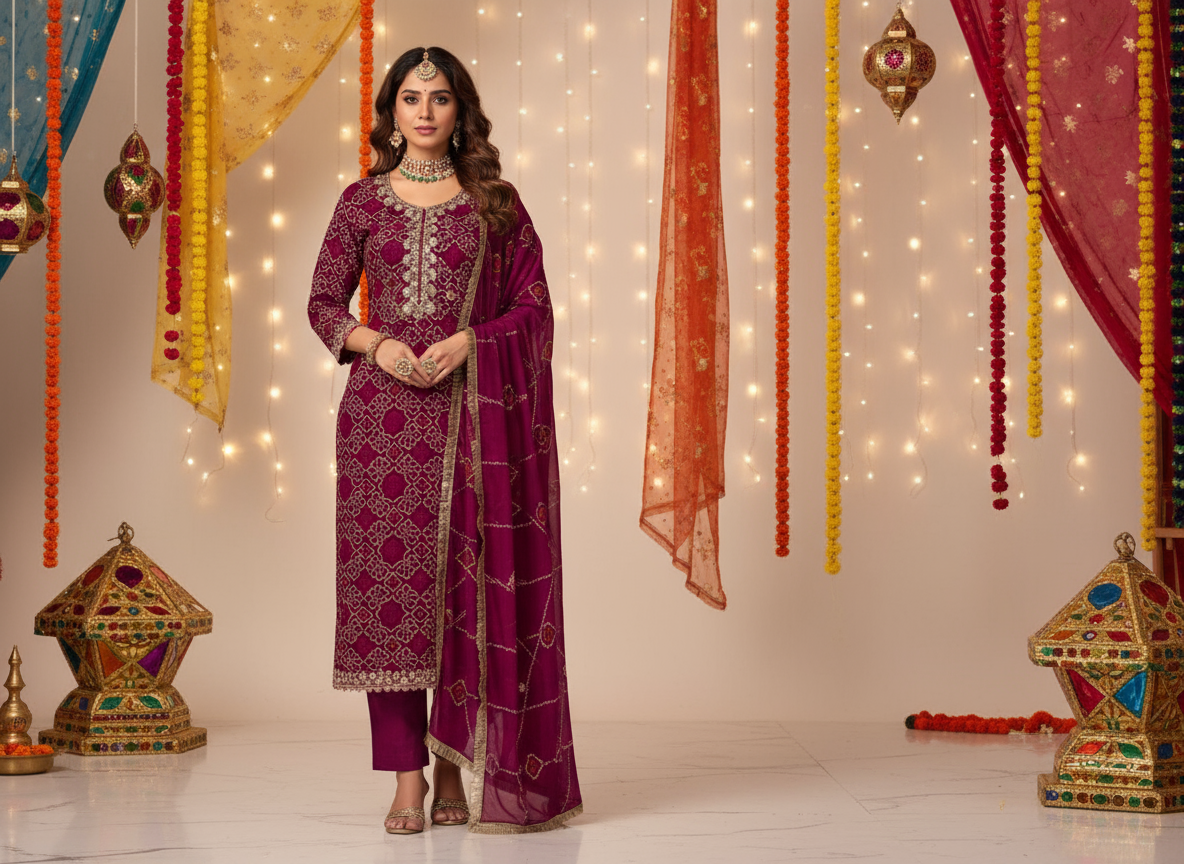Magenta Bandhani suit set 3pcs
