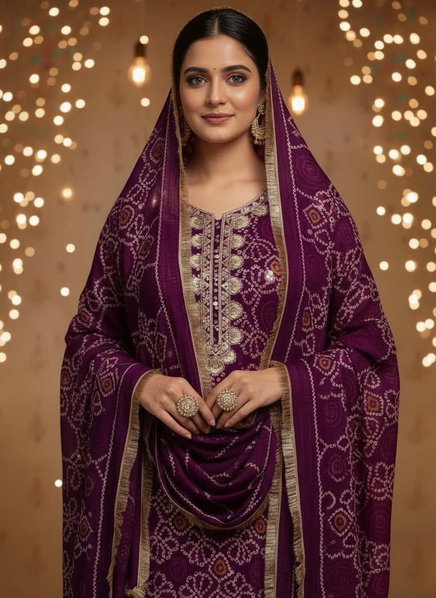 Purple colour Bandhani suit set 3pcs
