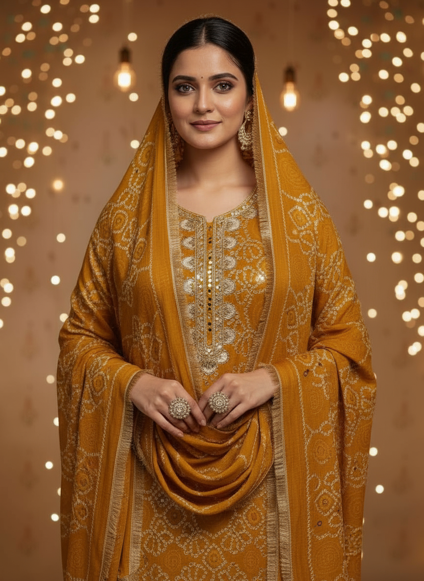 Mustered Bandhani suit set 3pcs