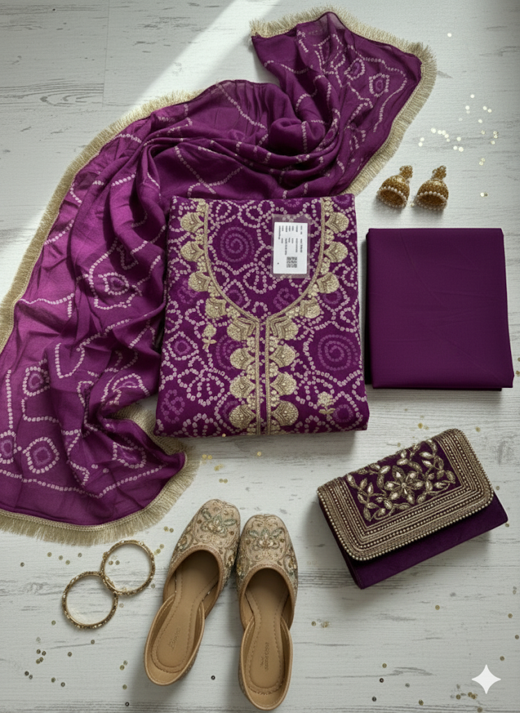 Purple colour Bandhani suit set 3pcs