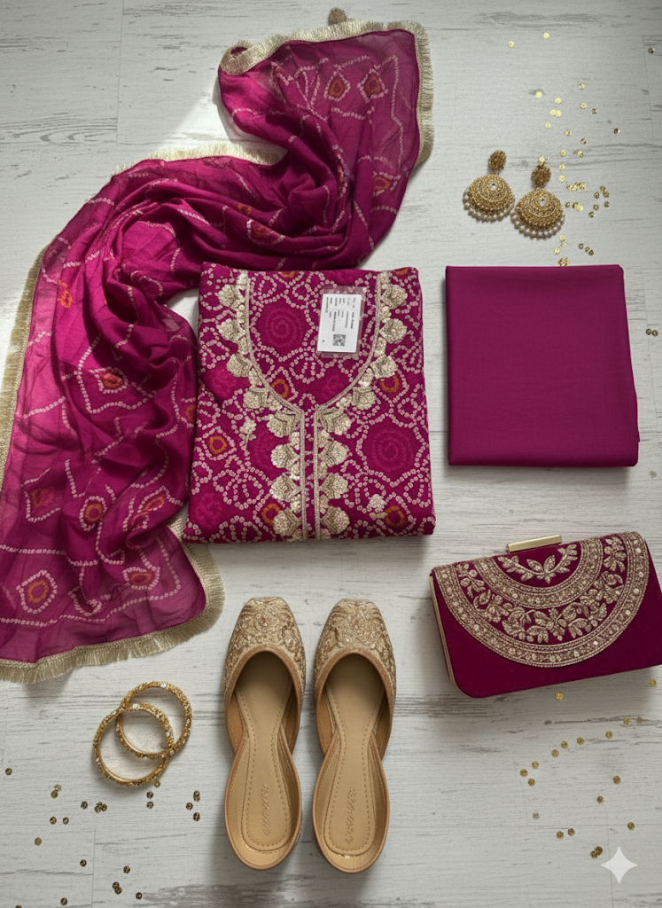 Magenta Bandhani suit set 3pcs