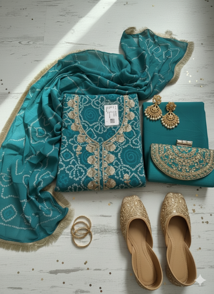 Teal Colour Bandhani suit set