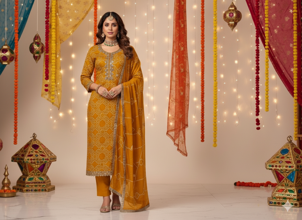 Mustered Bandhani suit set 3pcs