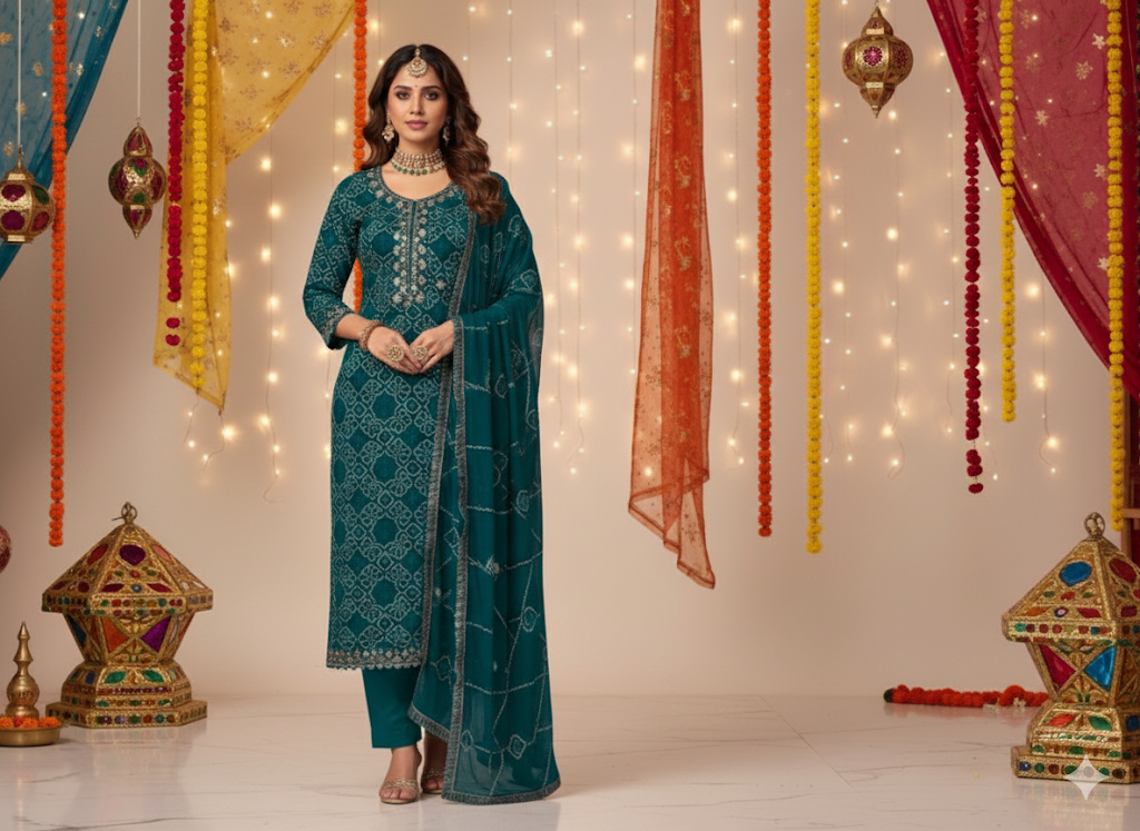 Teal Colour Bandhani suit set