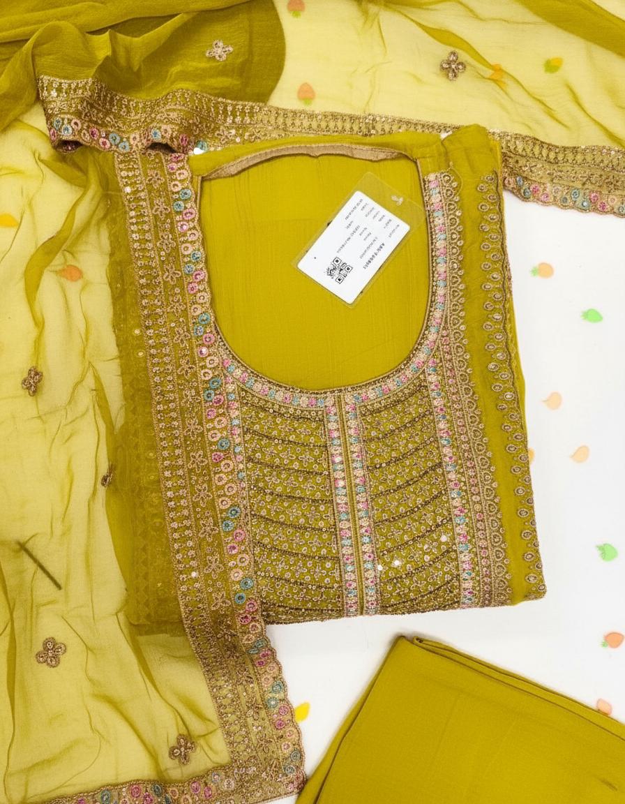 Mustered olive green Georgette Crunchy Dress Material - Premium Quality Fabric