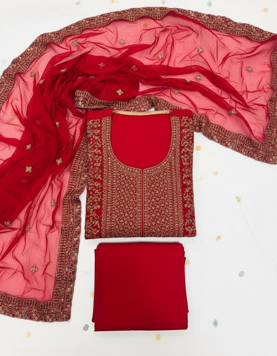 Premium Red Georgette Crunchi Fabric Dress Material - 3 Piece Set