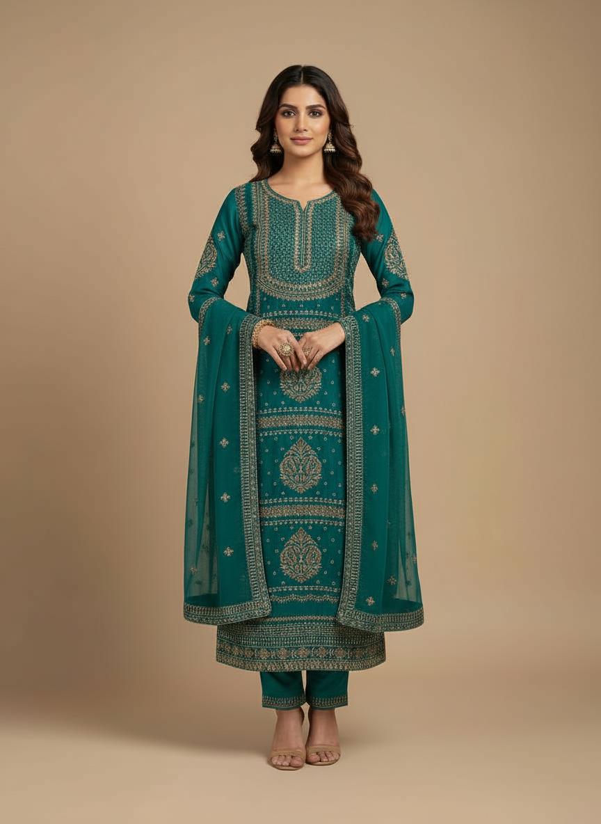 Teal Color Georgette Crunchi Dress Material - Premium Quality Fabric