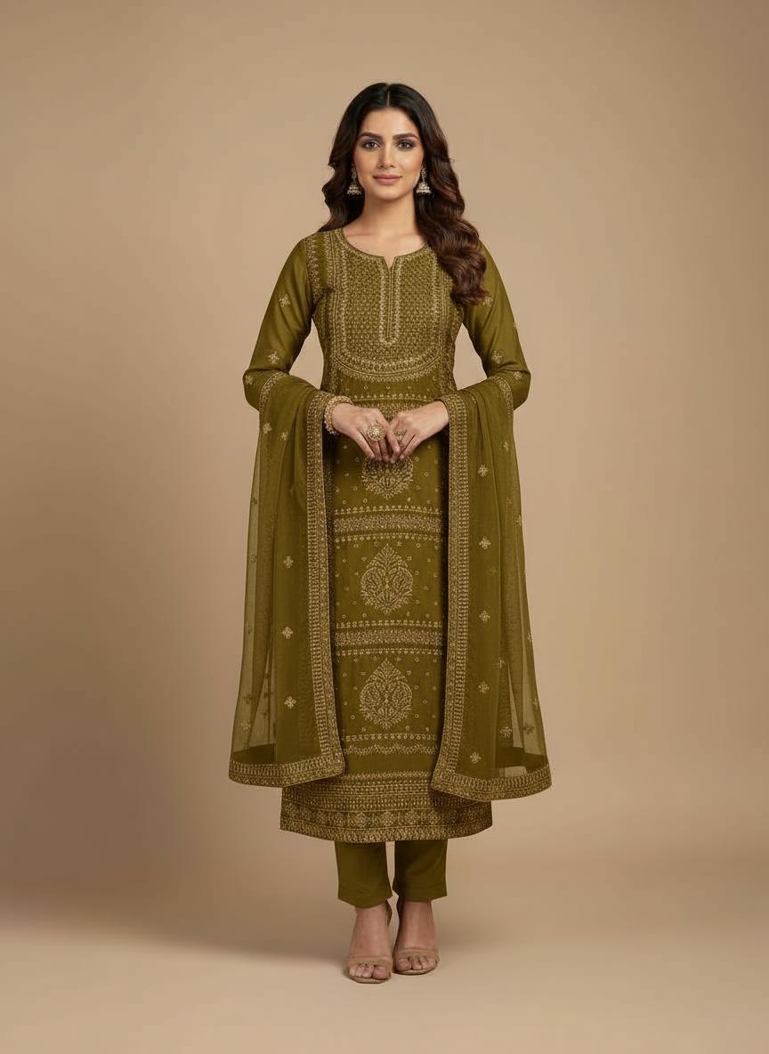 Mustered olive green Georgette Crunchy Dress Material - Premium Quality Fabric