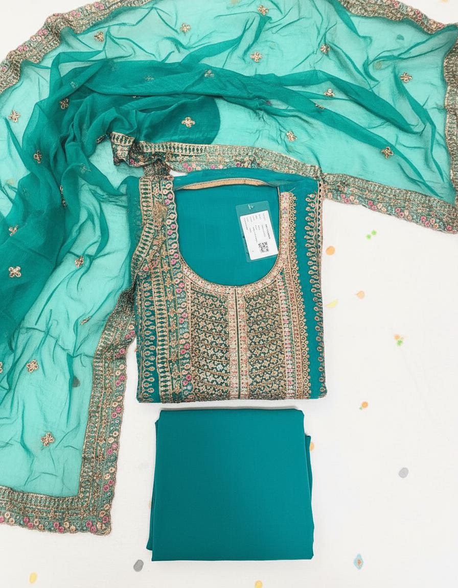 Teal Color Georgette Crunchi Dress Material - Premium Quality Fabric