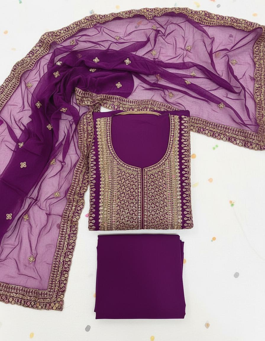 Premium purple Georgette Crunchi Fabric Dress Material - 3 Piece Set | Pooja Textile