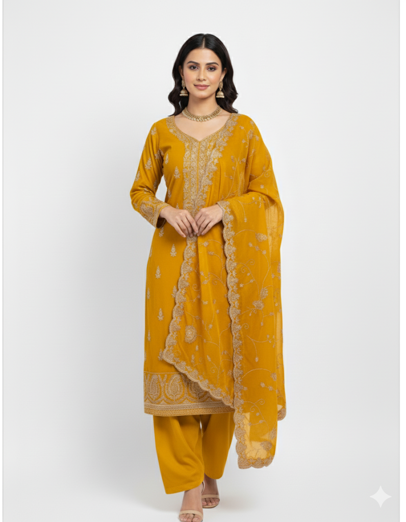 Yellow Floral premium Dress material 3pcs-Indian ethnic wear|Pooja Textile