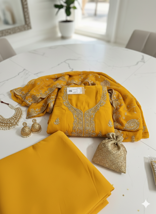 Yellow Floral premium Dress material 3pcs-Indian ethnic wear|Pooja Textile