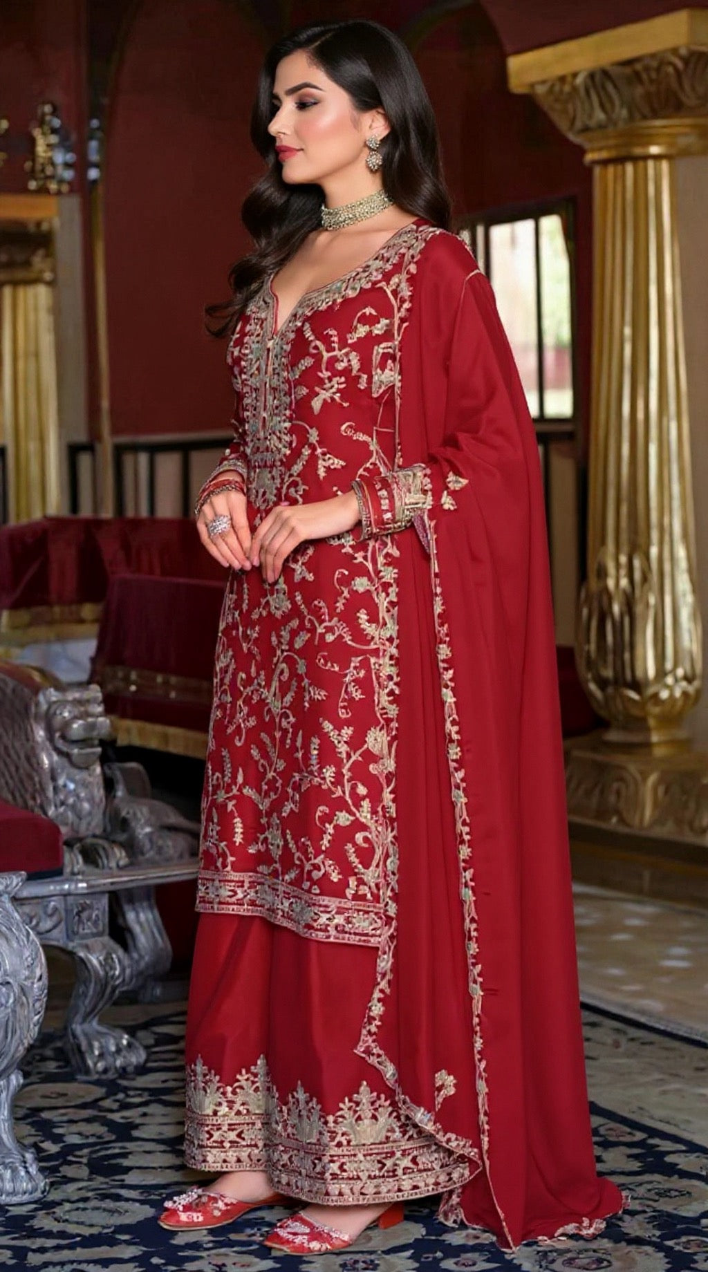Red Chinon Suit - Elegant Ethnic Wear | Pooja Textile